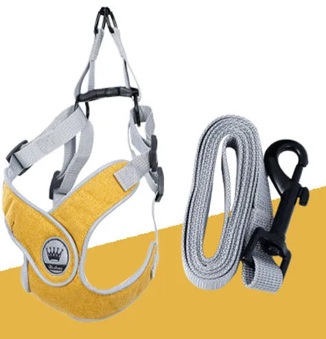 Adjustable mesh dog harness with metal back ring in blue, grey, red or yellow with matching leash