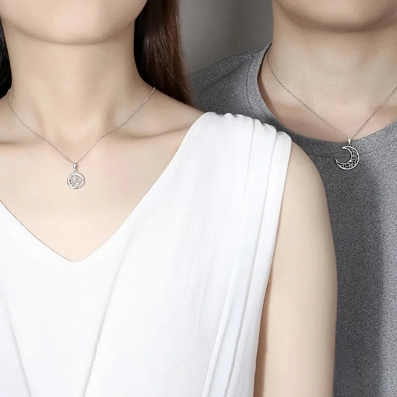 Sun moon couple necklace with copper pendants, electroplated finish and cross chain for men and women