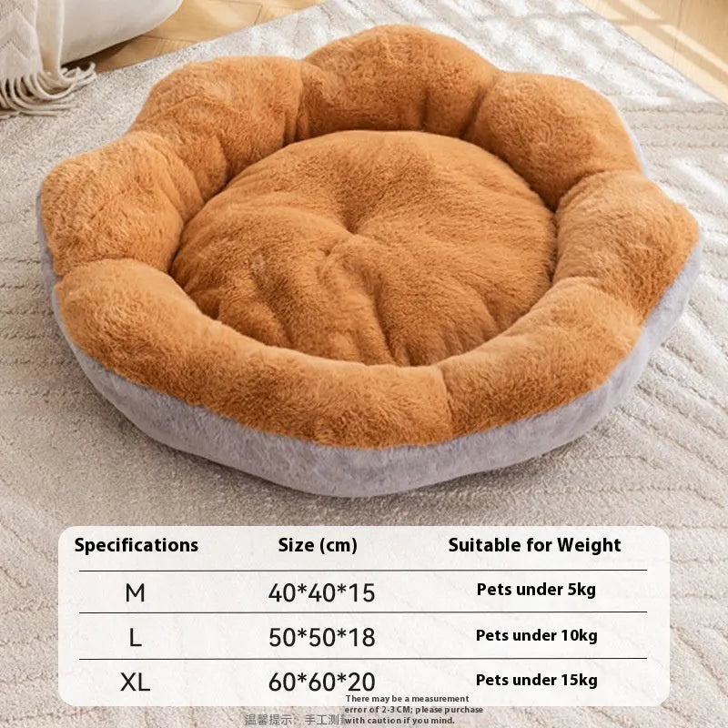 Round rabbit plush cat bed with detachable design in yellow brown colour, shown in L size dimensions