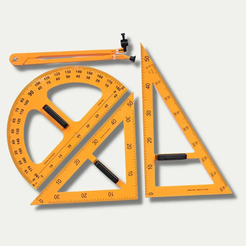 Orange and black plastic triangle ruler and protractor set with chalk compass mathematics teaching tools