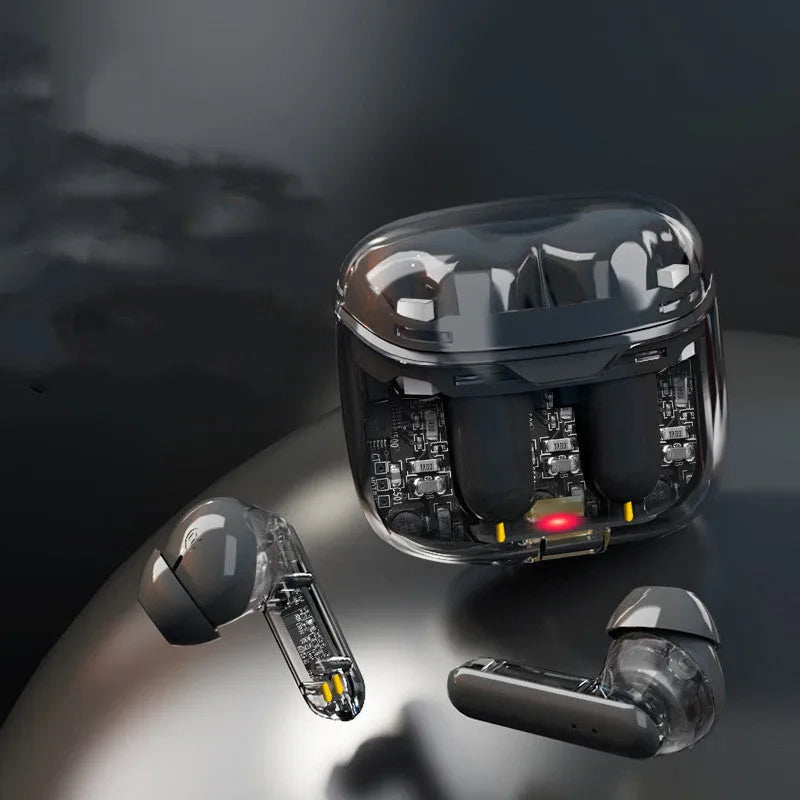 Transparent Bluetooth wireless headset showing internal components with black, white, and purple colour options