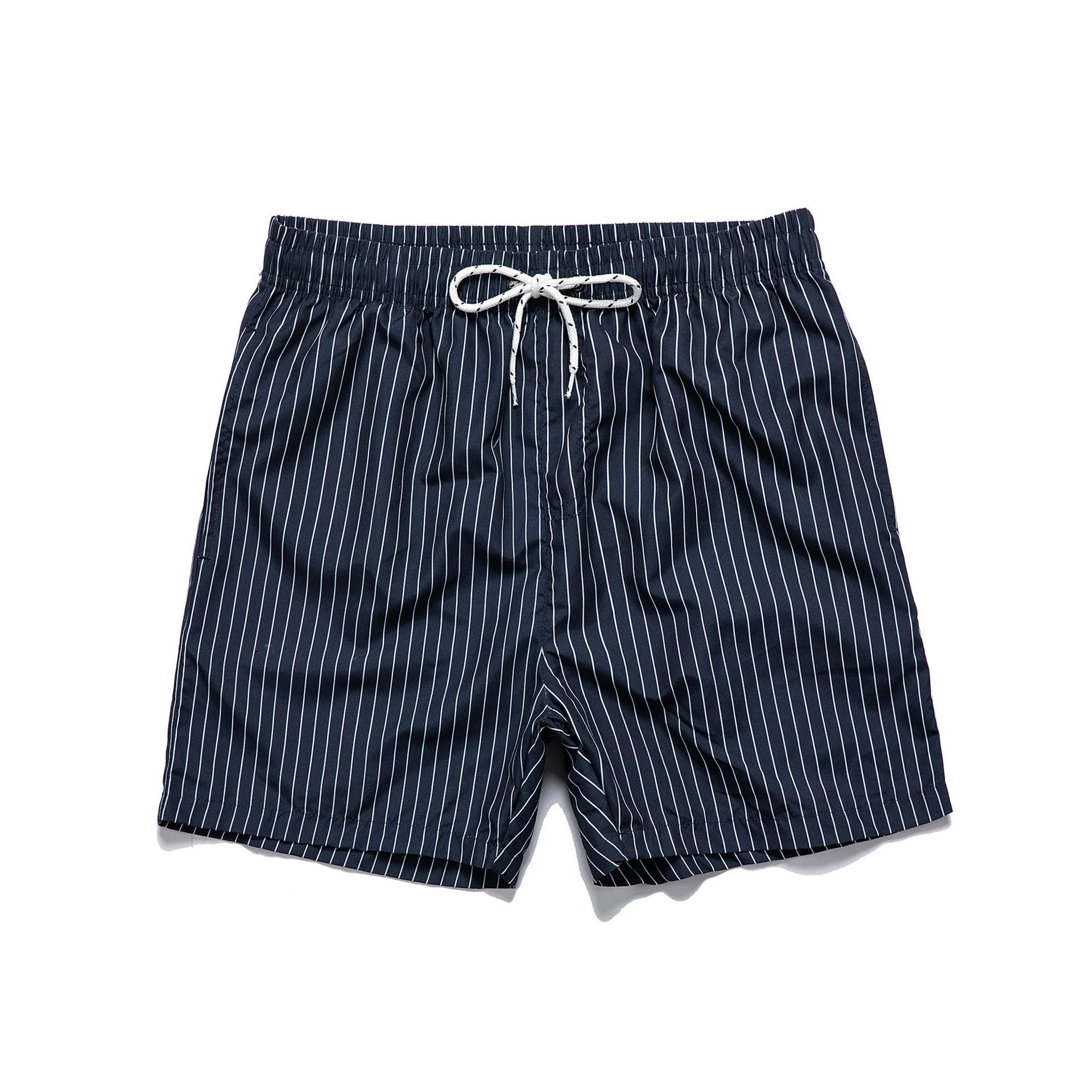Polyester fibre striped beach shorts in navy blue, grey, khaki, or light blue colours