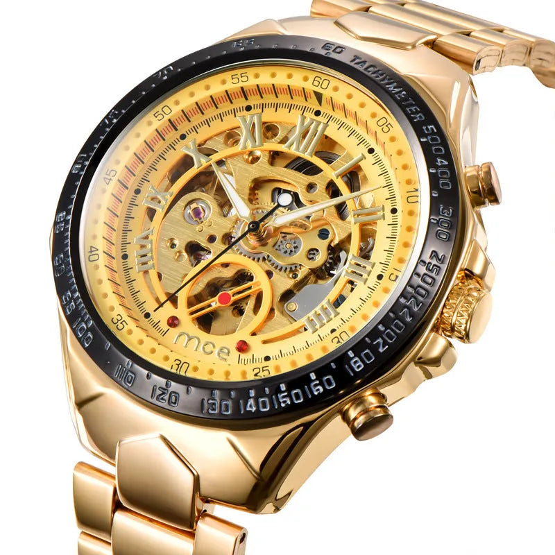 Men's mechanical watch with stainless steel case and brown leather strap showing luminous hands and date window