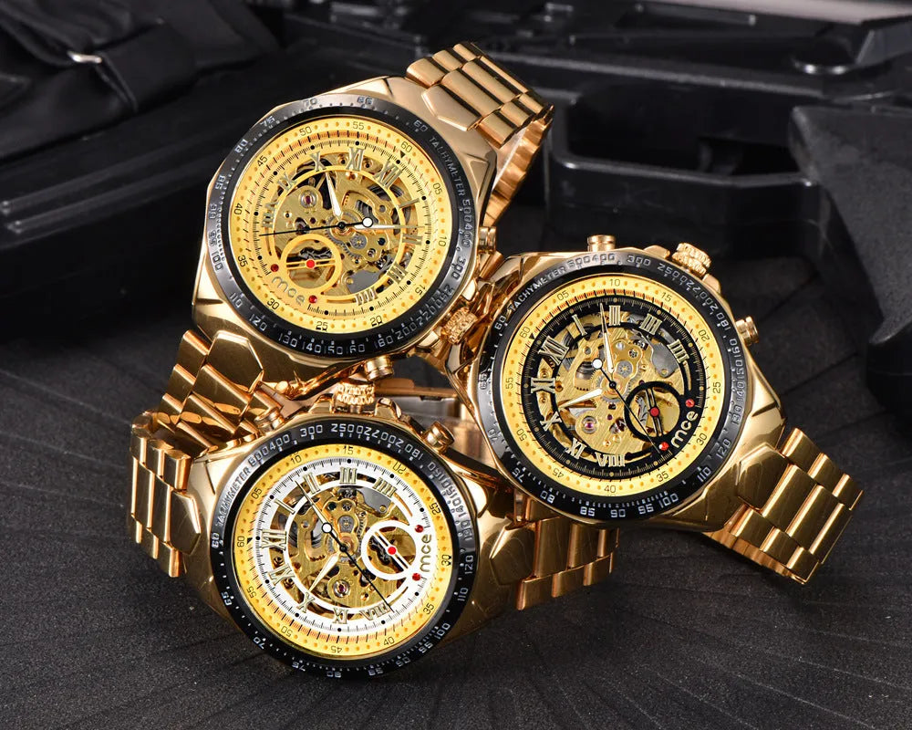 Men's mechanical watch with stainless steel case and brown leather strap showing luminous hands and date window