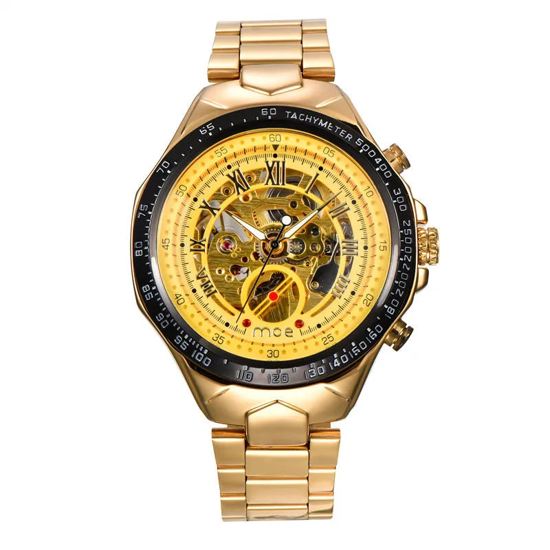Men's mechanical watch with stainless steel case and brown leather strap showing luminous hands and date window
