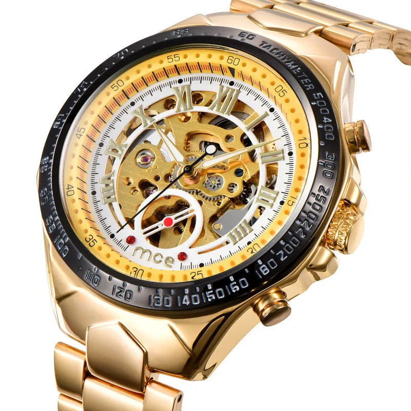 Men's mechanical watch with stainless steel case and brown leather strap showing luminous hands and date window