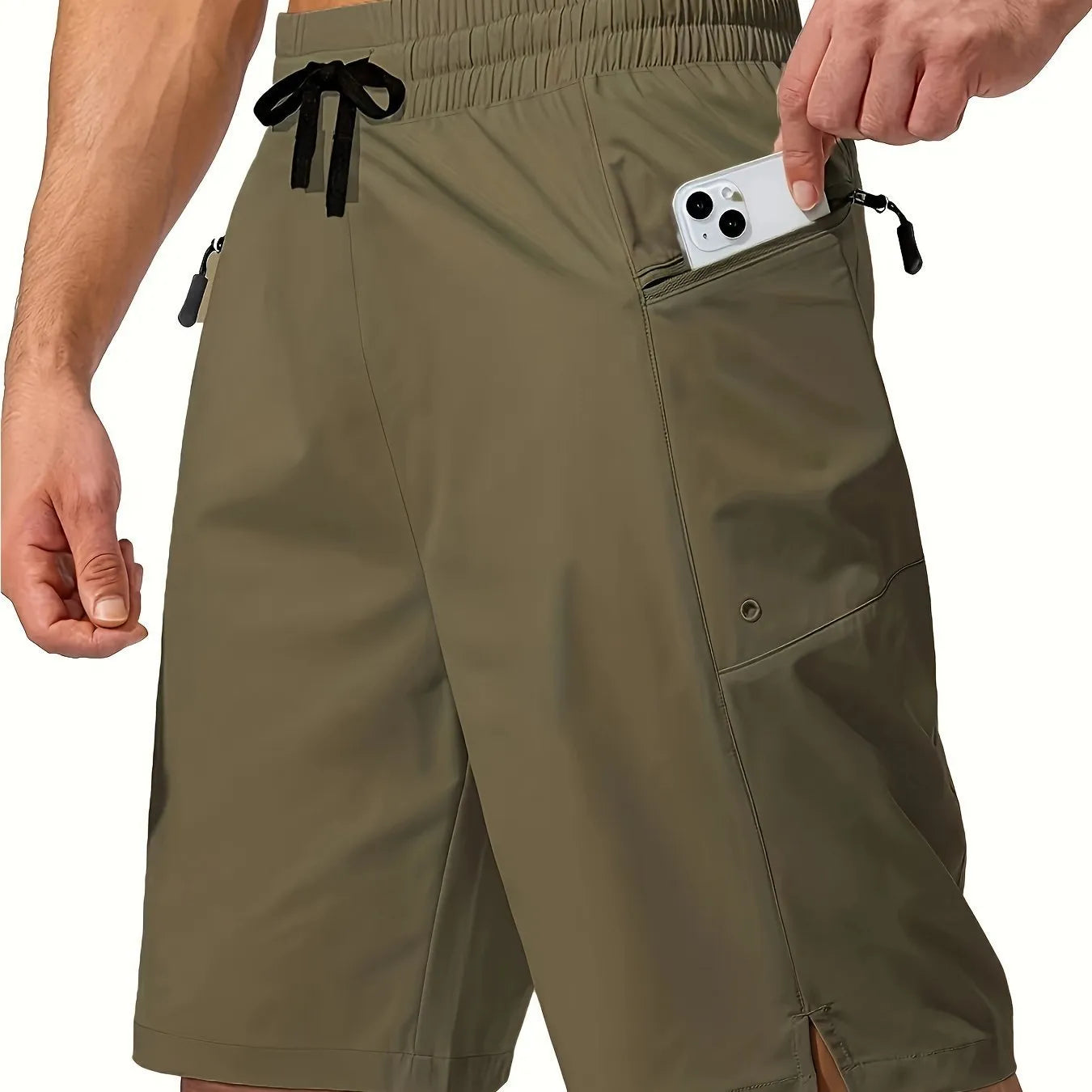 Men's solid colour quick-drying beach shorts in polyester fabric showing straight-leg cut