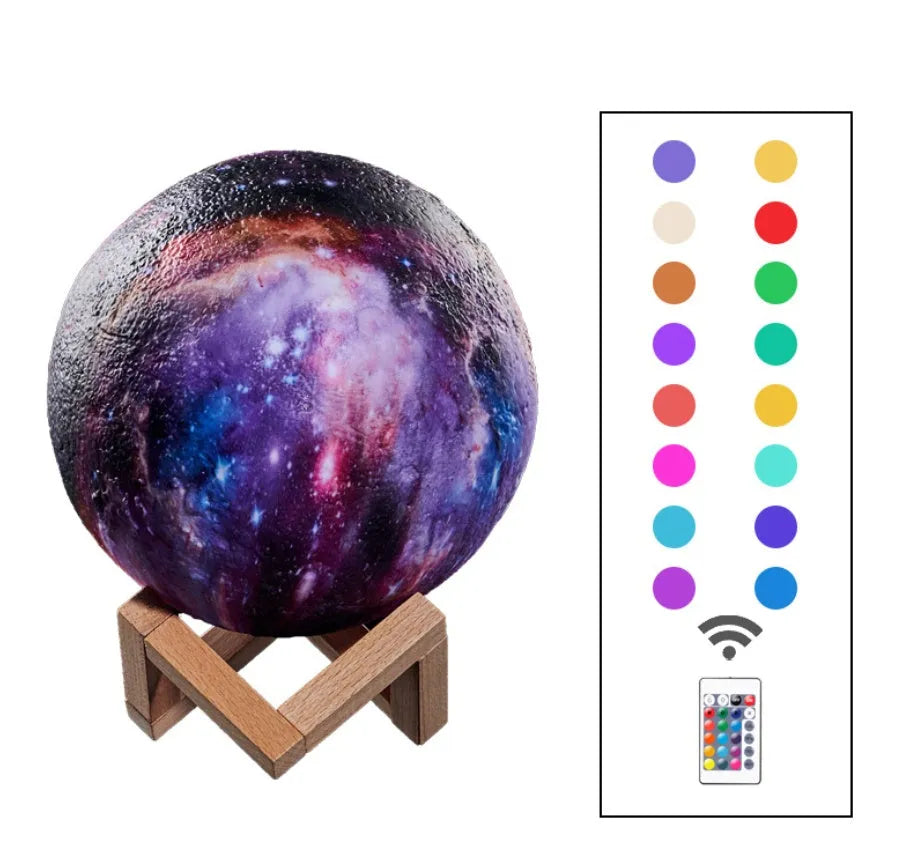 3D printed white lunar night light with colour-changing LED sphere on a stand, showing remote control.