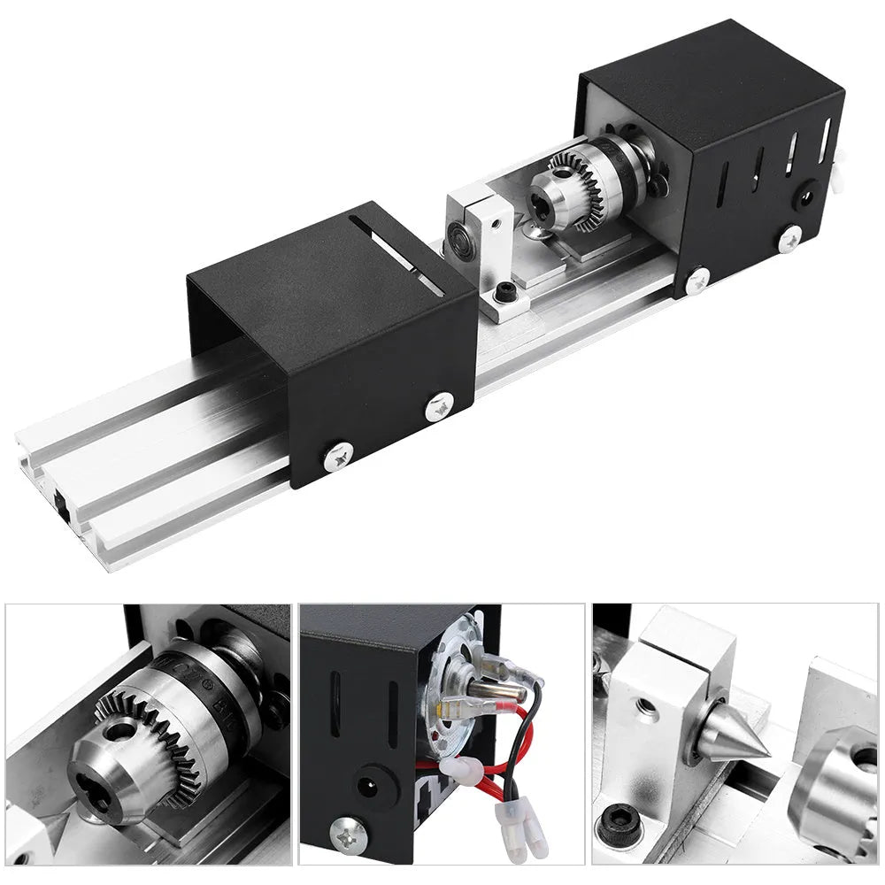 Mini metal silver woodworking lathe with carving knives and accessories for small craft projects