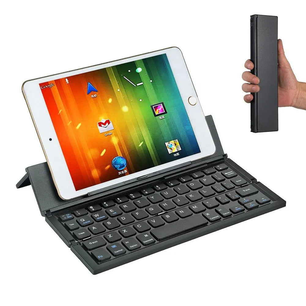 Black and white folding Bluetooth keyboard for tablets with aluminium bottom