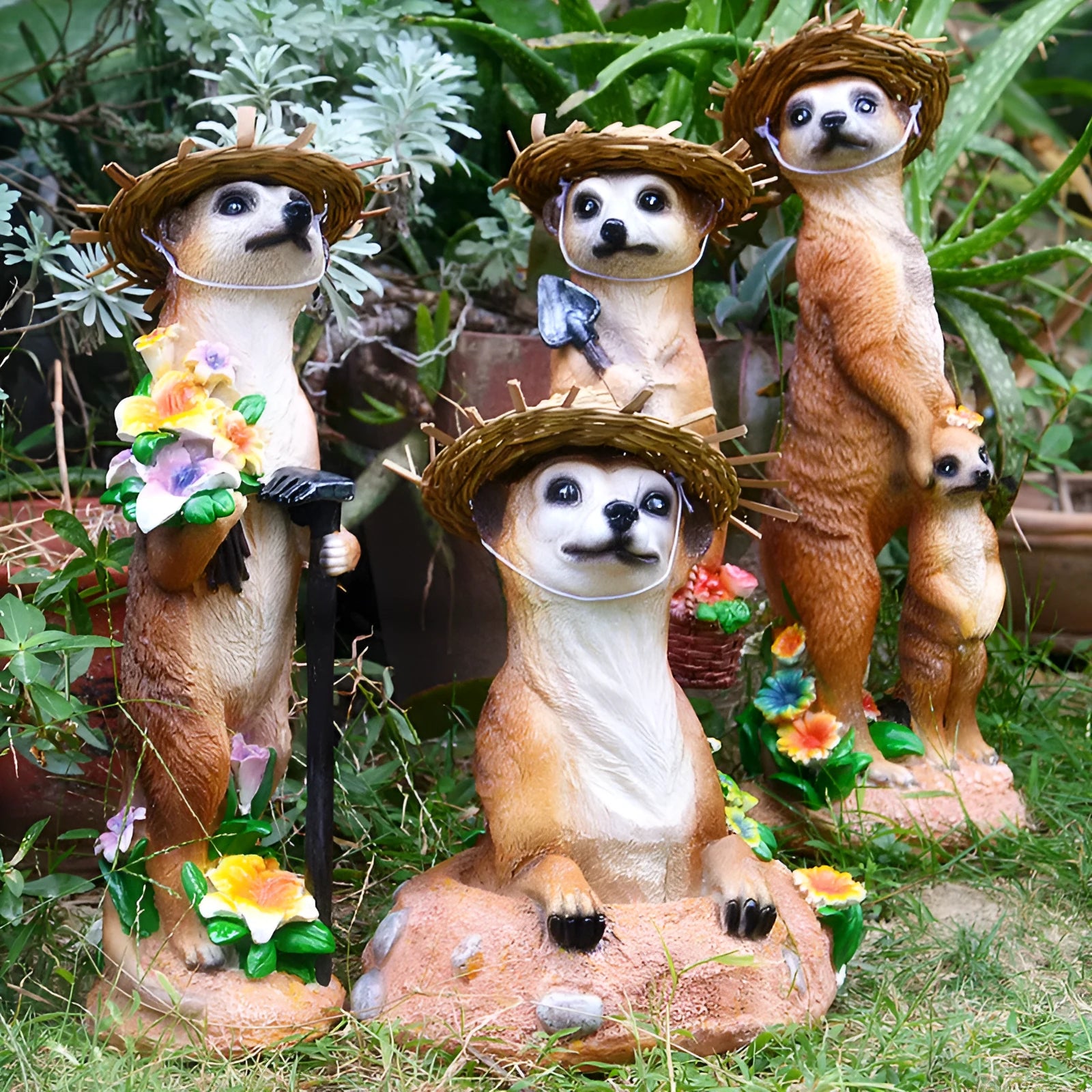 Straw hat mongoose garden ornament with synthetic resin construction for outdoor decoration