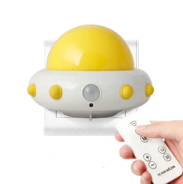 Remote control UFO bedside night light in blue, pink or white with ABS plastic lamp shade