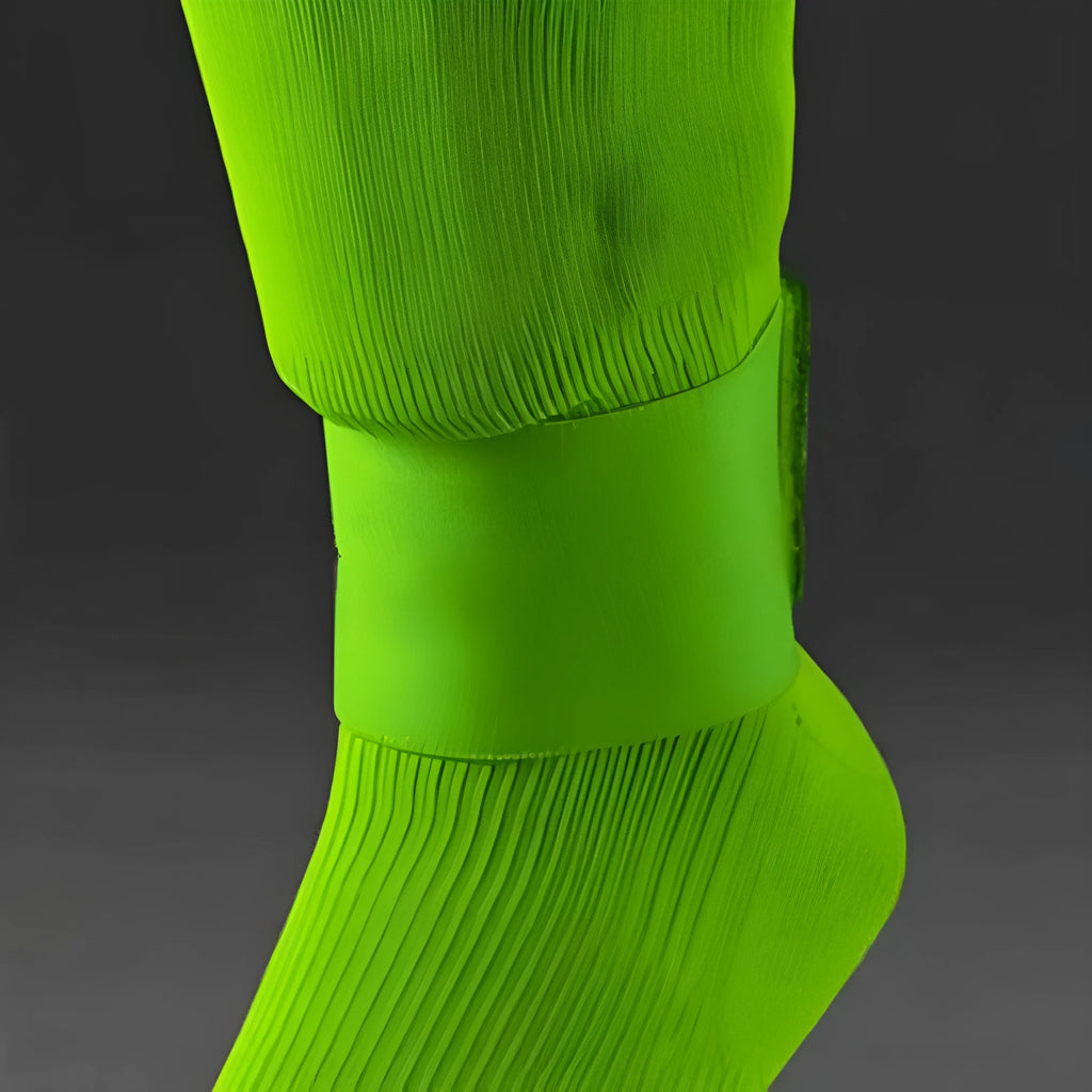 Red rubber elastic strap for securing football shin guards, shown flat measuring 25cm long.