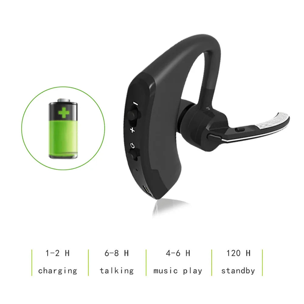 V9 Jerry style wireless Bluetooth headset with ear-bud and charging cable on a white background.
