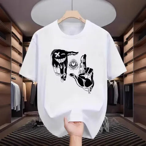 Men's grey mesh T-shirt with cartoon digital print showing round neck and short sleeve design