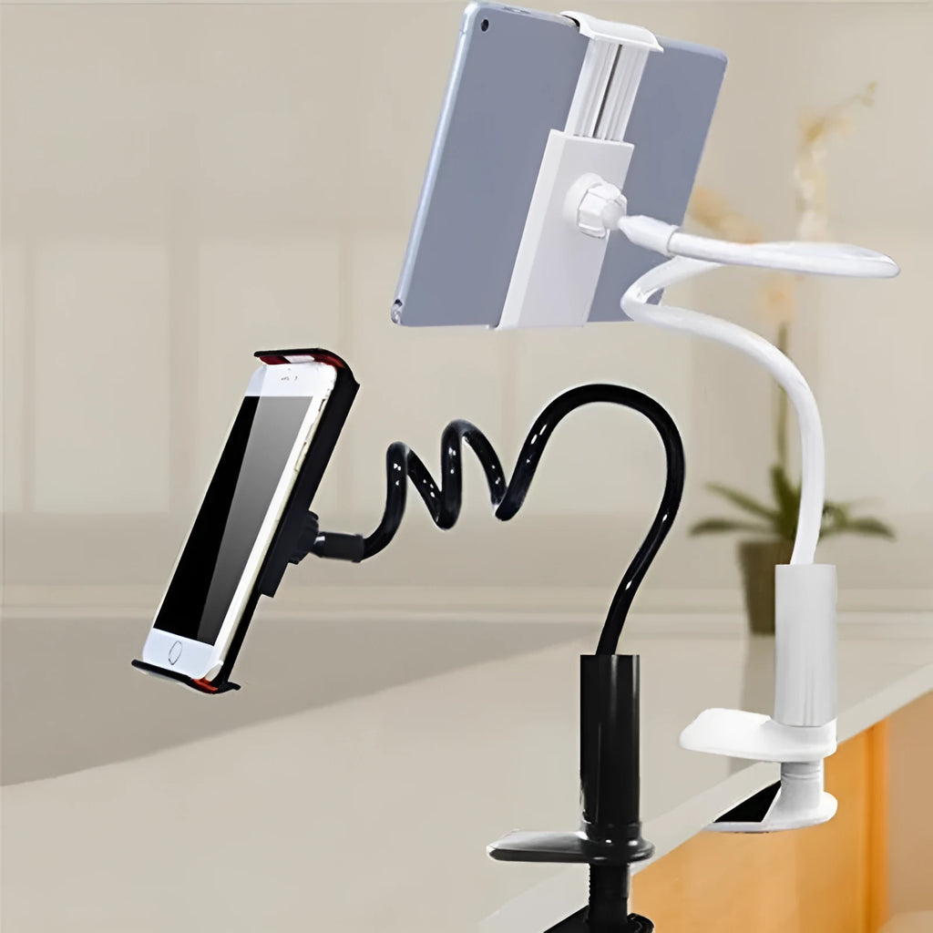 Flexible phone and tablet mount holder with bendy arm and suction base in black or white colours