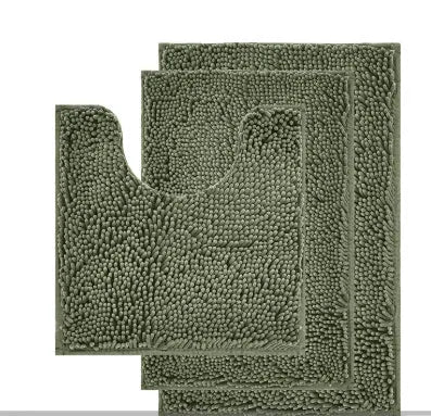 Chenille bathroom carpet three-piece set showing U-shaped toilet mat and two rectangular rugs in green.