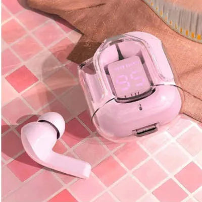 Transparent space capsule case true wireless Bluetooth earphones with digital display screen in multiple colours