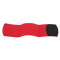 Red rubber elastic strap for securing football shin guards, shown flat measuring 25cm long.