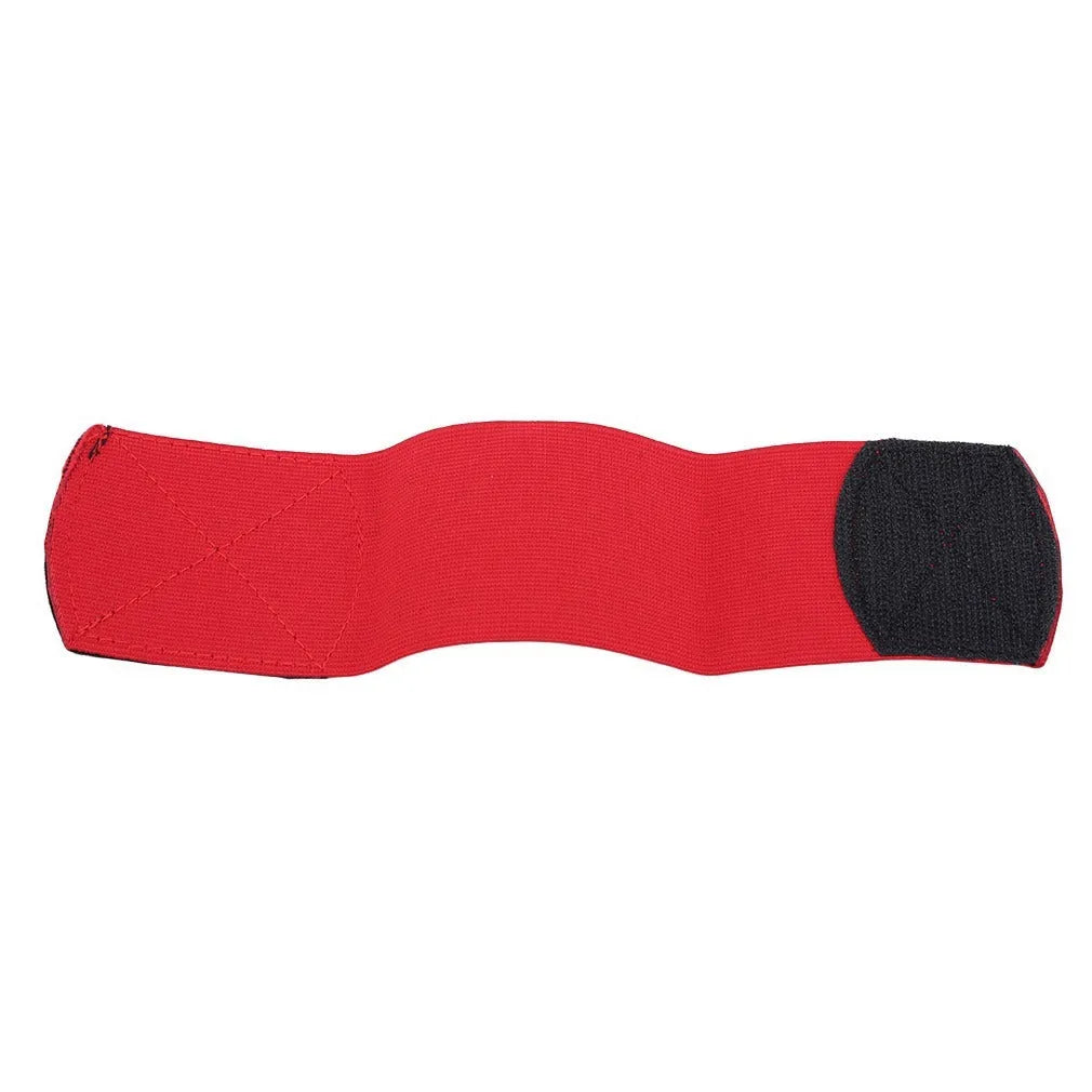 Red rubber elastic strap for securing football shin guards, shown flat measuring 25cm long.