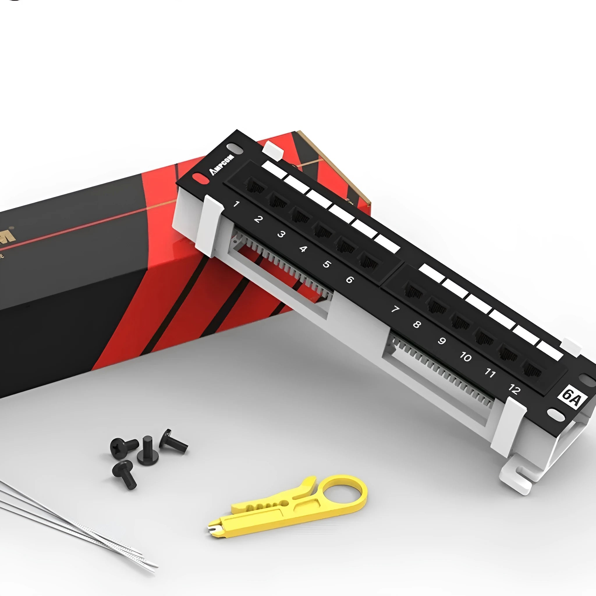Black 12-port unshielded network distribution frame with hook bracket, supplied with routing knife and accessories.