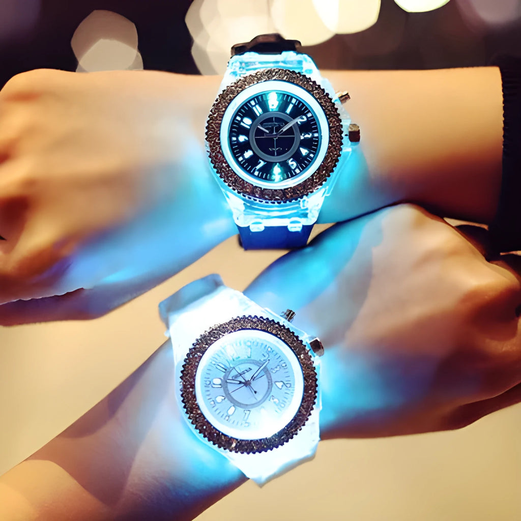 Women's LED luminous quartz watch with round 43mm alloy case and colourful silicone strap options.