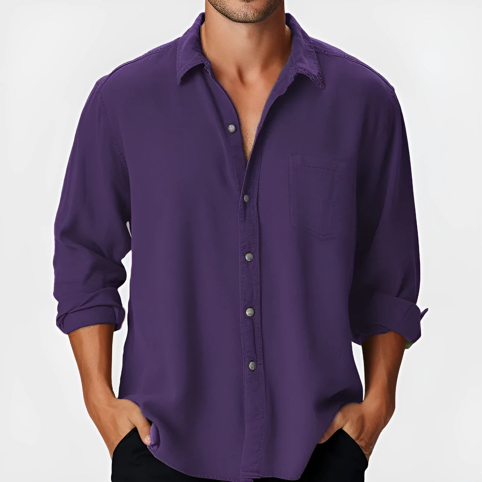 Man wearing a loose-fit, long-sleeve polyester beach shirt with a stand collar