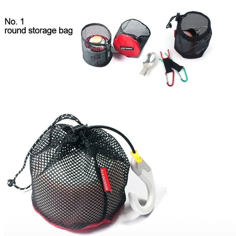 Red outdoor travel storage bag set with zippered compartments and mesh panels