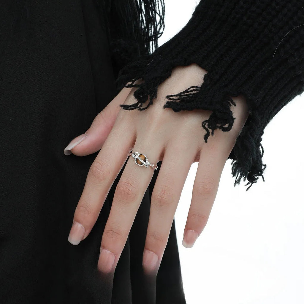 Saturn constellation adjustable open ring with white gold electroplated finish on silver material