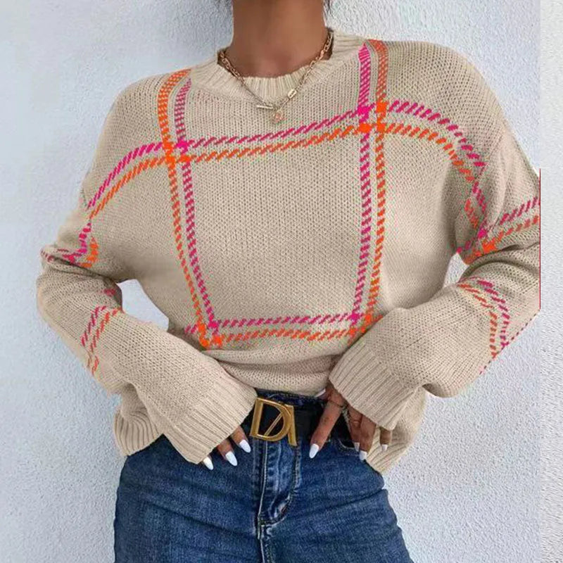 Women's loose plaid colour-block acrylic sweater in apricot, black, beige, red, and green stripes