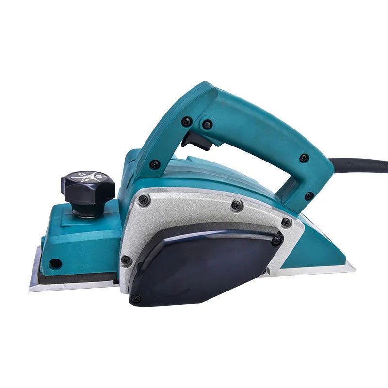 Red aluminium shell electric wood planer tool showing 82mm planing width