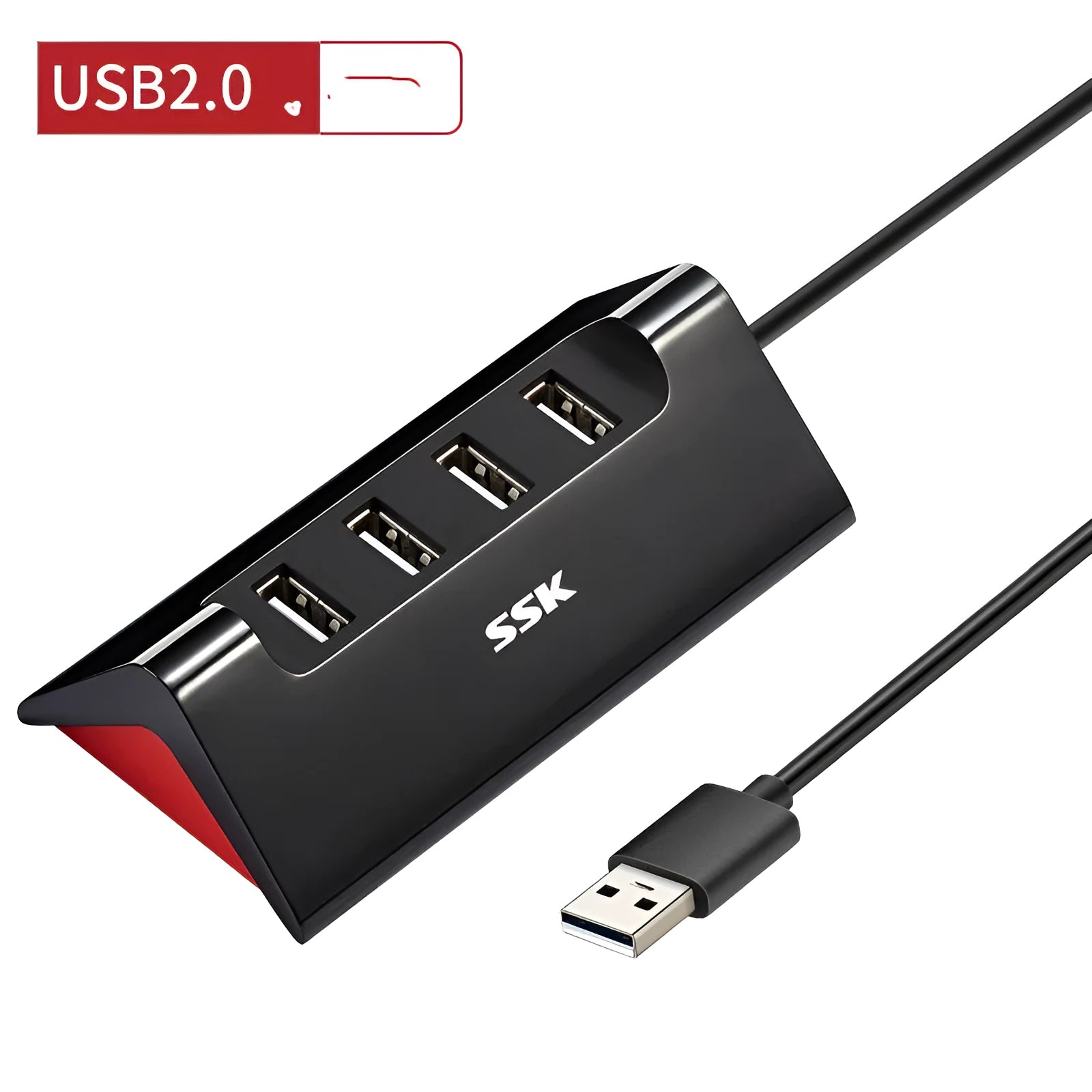 Black USB expansion dock with four ports on a desktop next to a laptop.