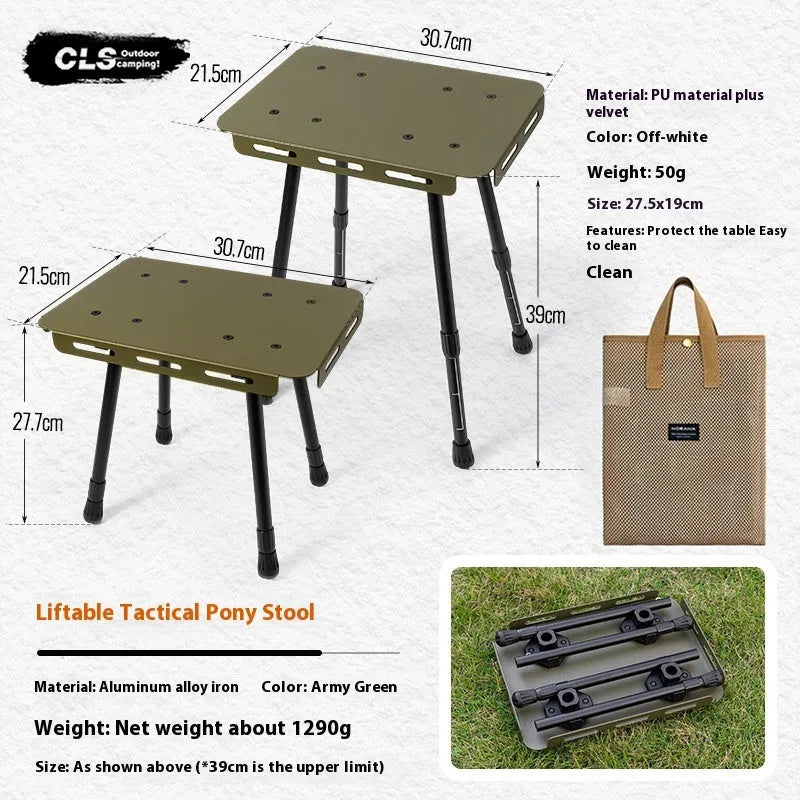 CLS aluminium folding camping stool shown in beige, extended as a table and folded with its storage bag.