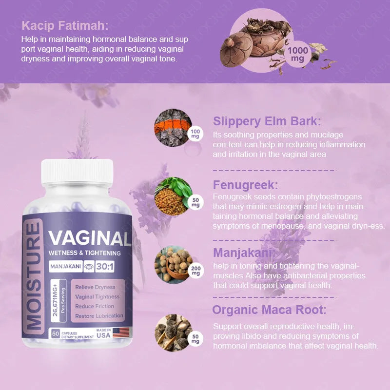 Bottle containing 60 vaginal capsules for women's intimate health with plant extract formulation