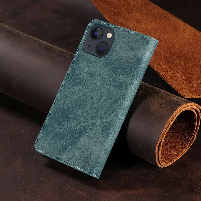 Magnetic flip phone case for iPhone in various colours showing leather and TPU construction