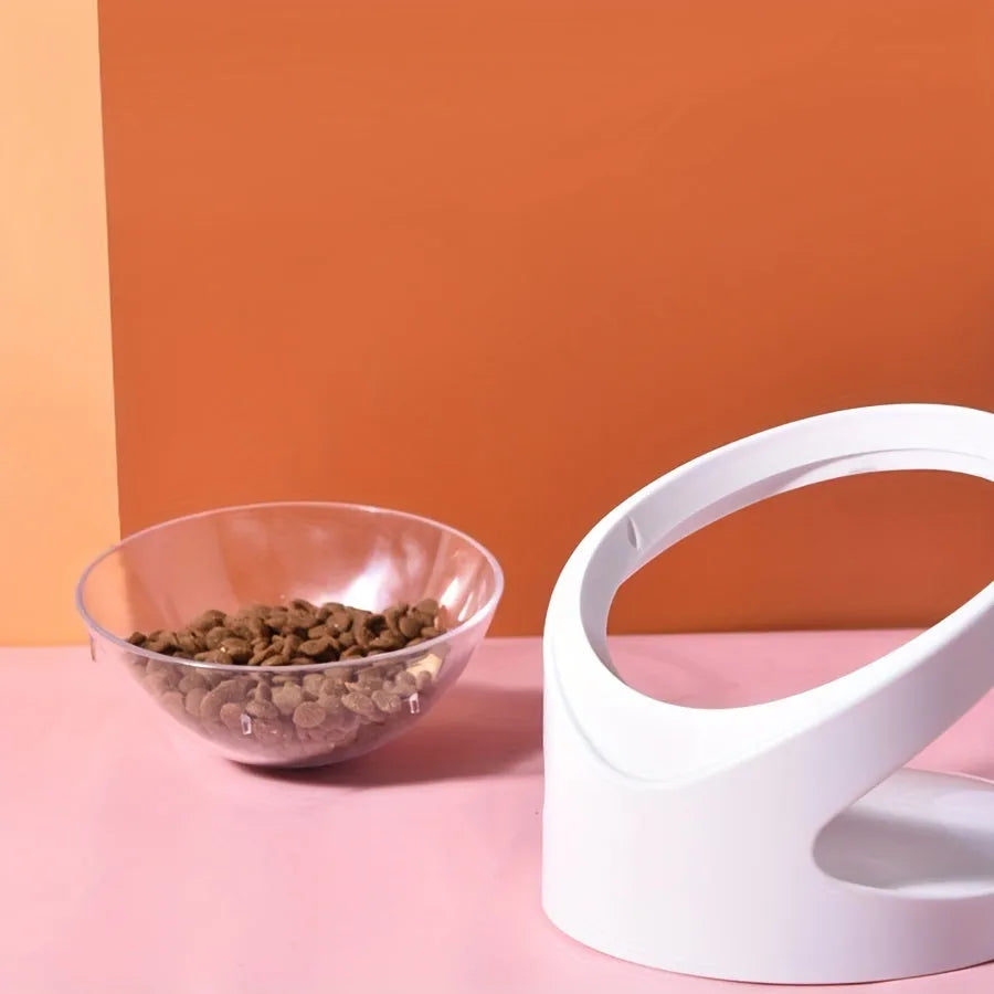 White elevated plastic cat food bowl with a slanted design for comfortable feeding.