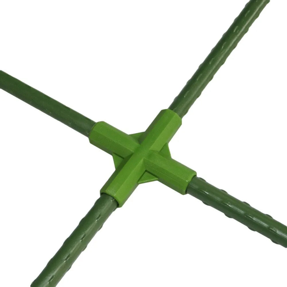White plastic three-way and four-way garden stake connectors for building 11mm plant support frames.