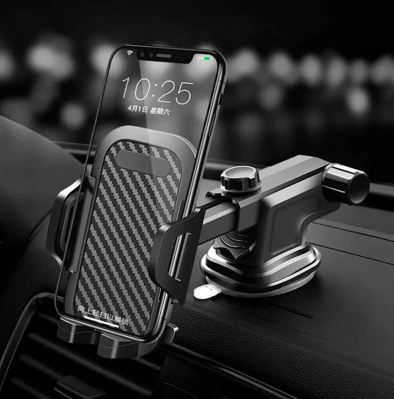 Black adjustable car phone holder for smartphones between 4 and 7 inches on a car dashboard