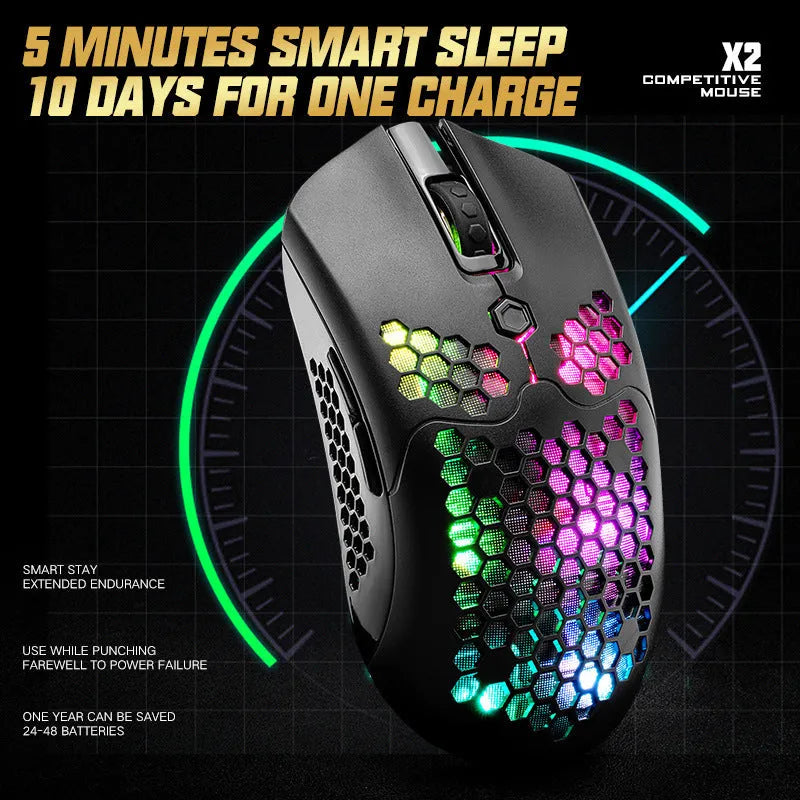 Free Wolf X2 wireless RGB gaming mouse in black, green, pink, white, and yellow colours on a desk