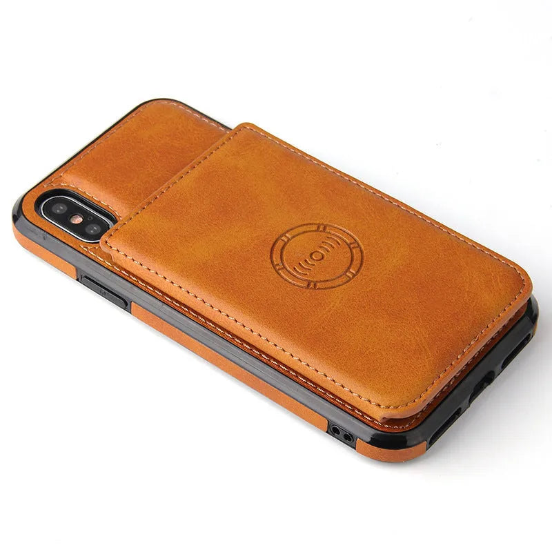 Imitation leather wallet phone case for iPhone in black, blue, brown, orange, pink, or red showing card slots.