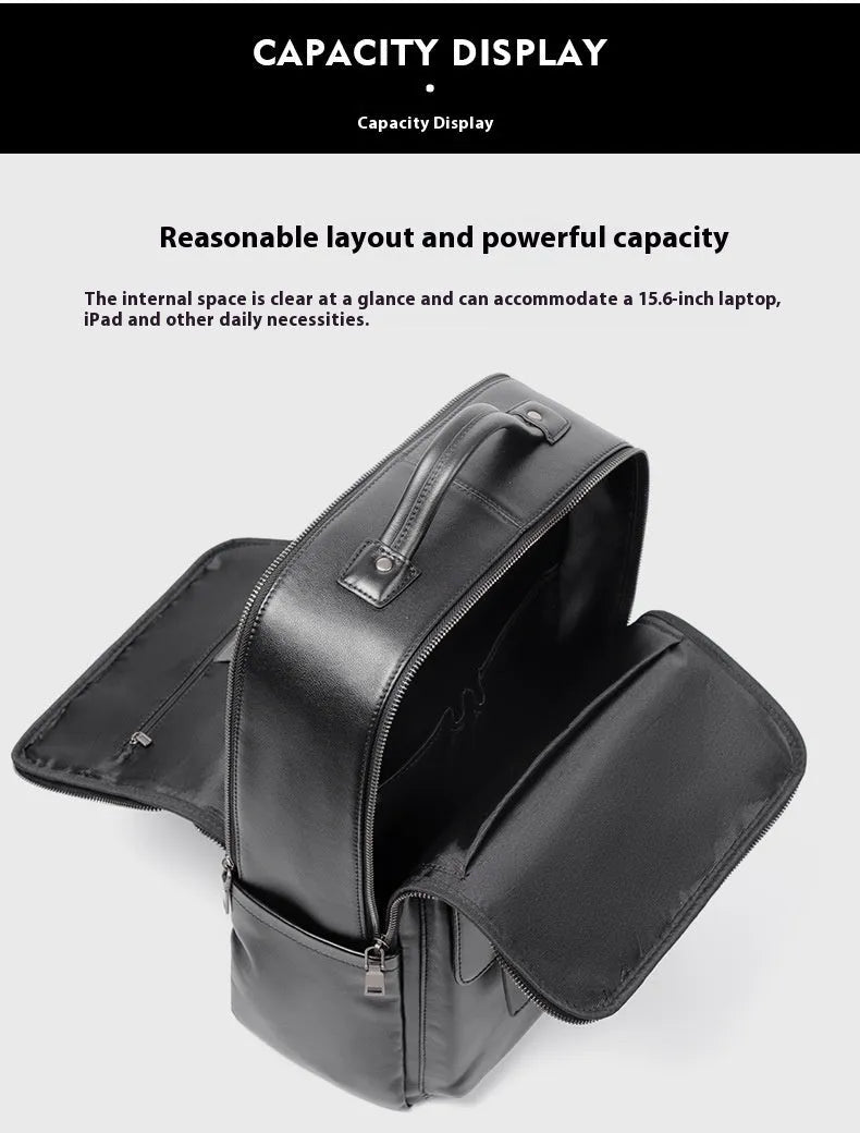 Men's black genuine leather computer backpack with 36-55L capacity and physiological curve back plate