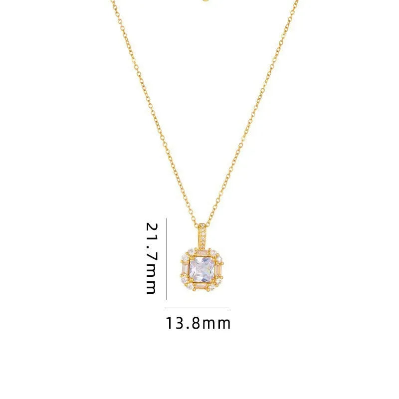 Women's titanium steel geometric clavicle chain with quadrilateral zircon pendant on water wave chain