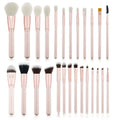 26 pink-handled makeup brushes with wool bristles in a rolled-up PU case
