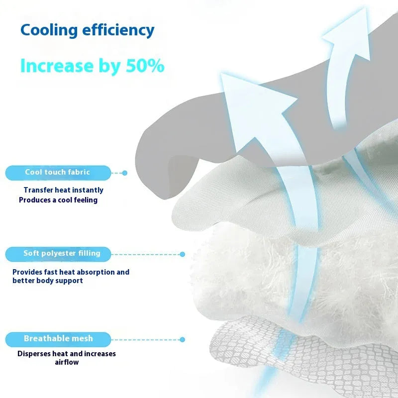 Ice Silk cooling mat for dogs in light grey with a dog head pattern, showing non-slip base.