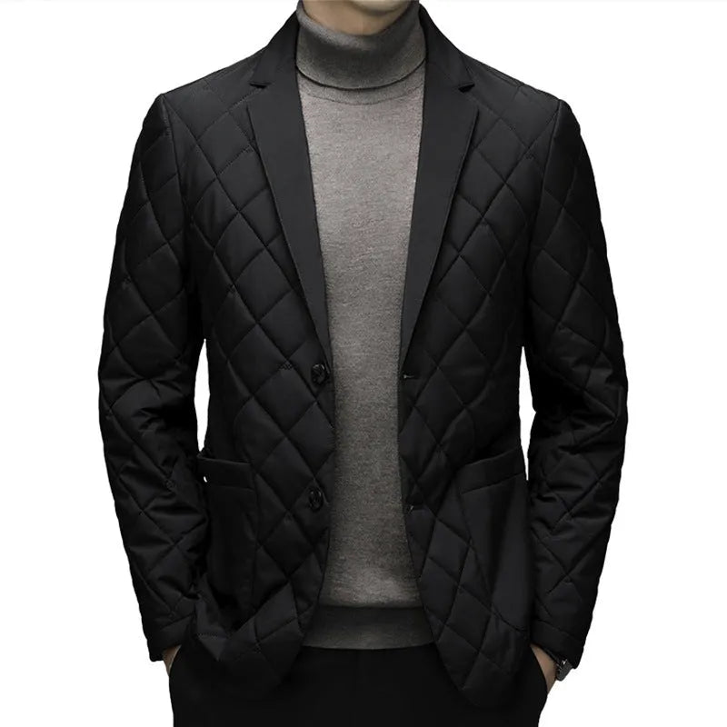 Man wearing a solid colour thickened lapel down jacket with side seam pockets.