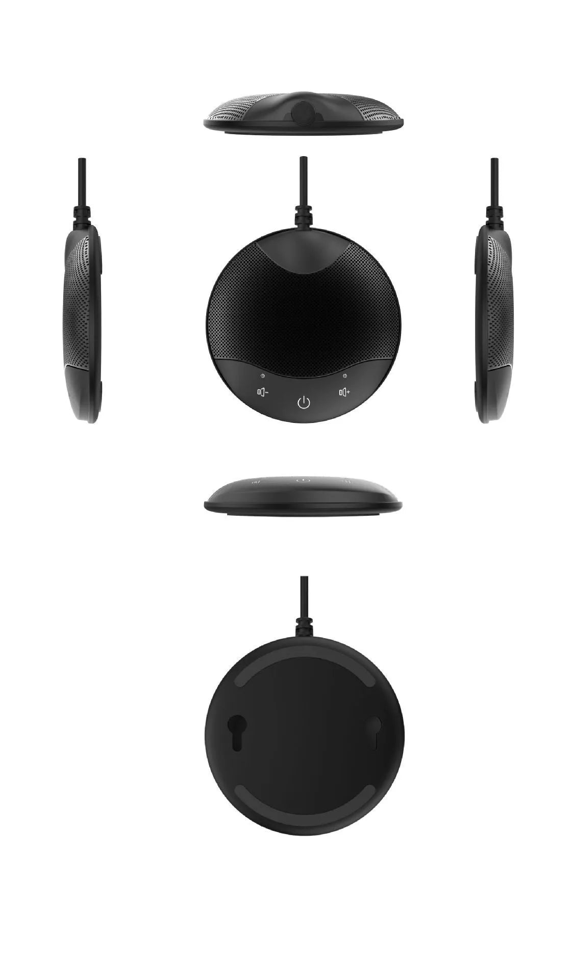 Black USB condenser microphone for conference calls and recording measuring 9x9x1.7cm