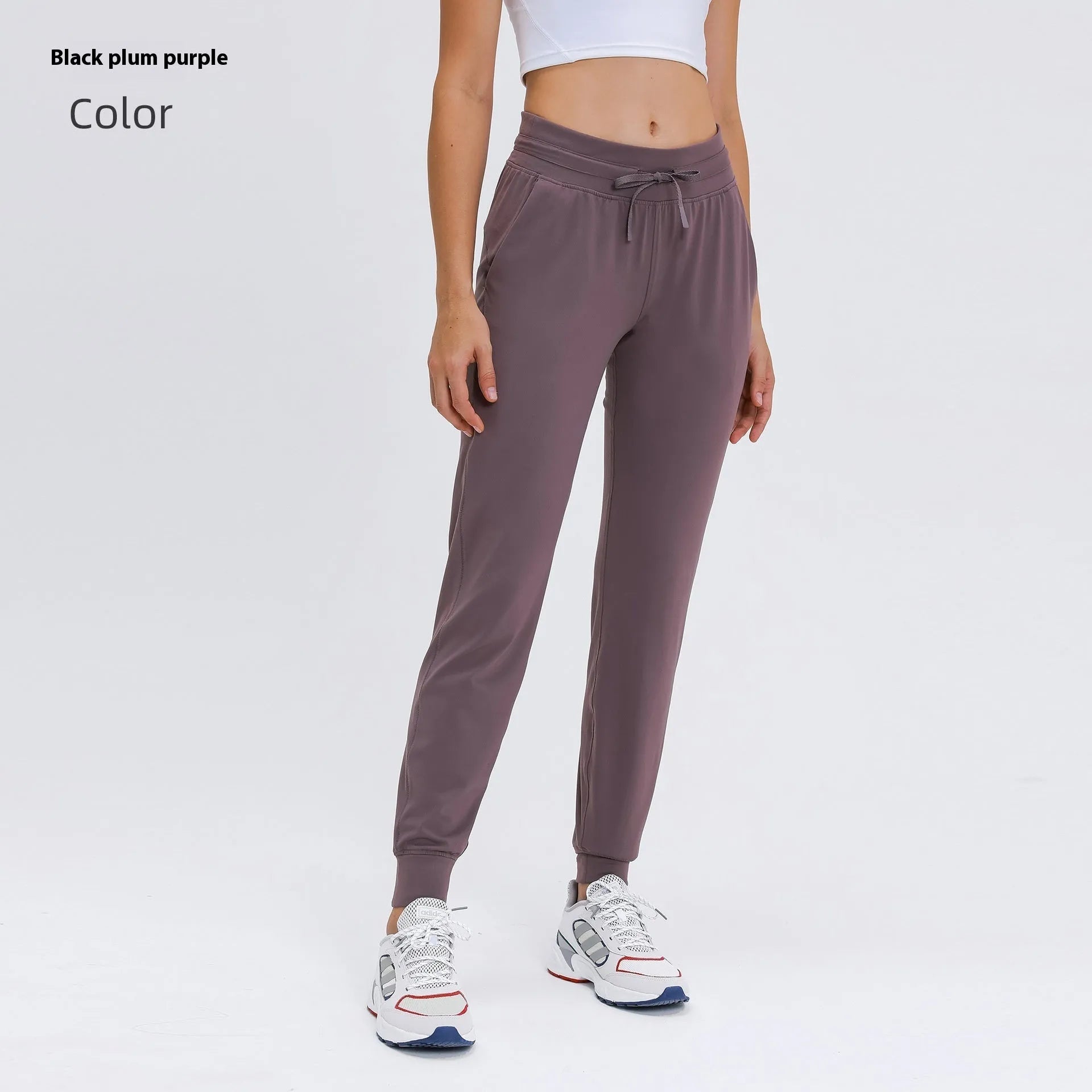 Women's high waist yoga pants with drawstring waistband in various colours