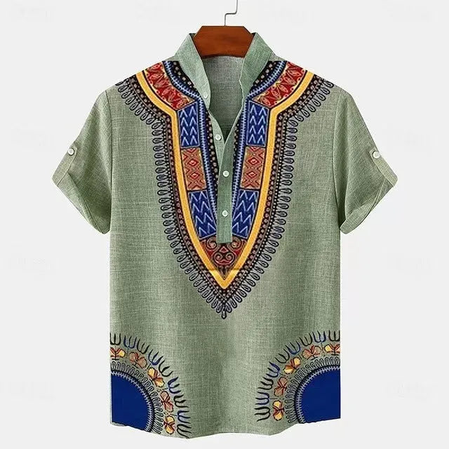 Men's striped loose-fit casual shirt on a hanger, showing button front and sleeve detail.