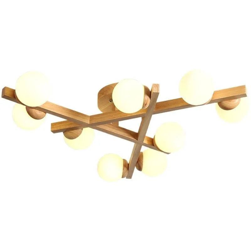 Nordic wooden style ceiling light fixture with three neutral white light heads
