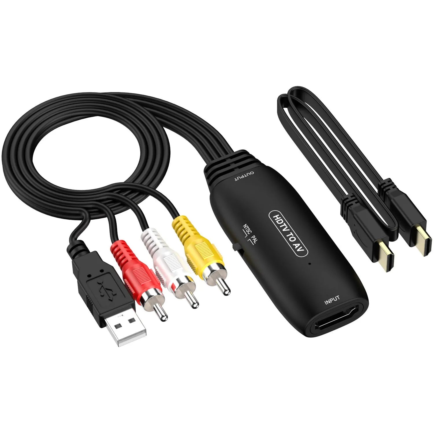 HDMI to AV converter cable with 110cm length showing both RCA and 2-terminal connector options